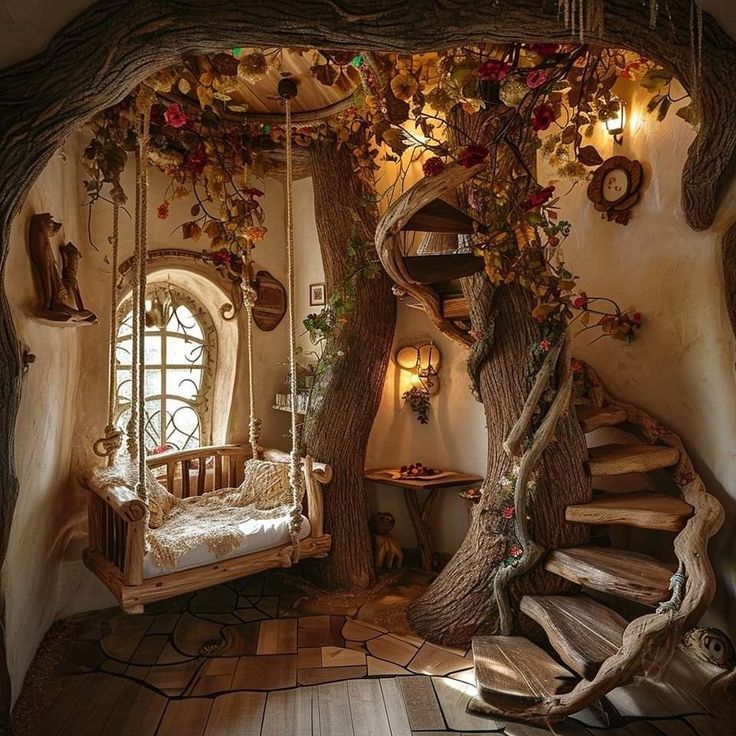 a tree house with a swing bed in the middle and stairs leading up to it