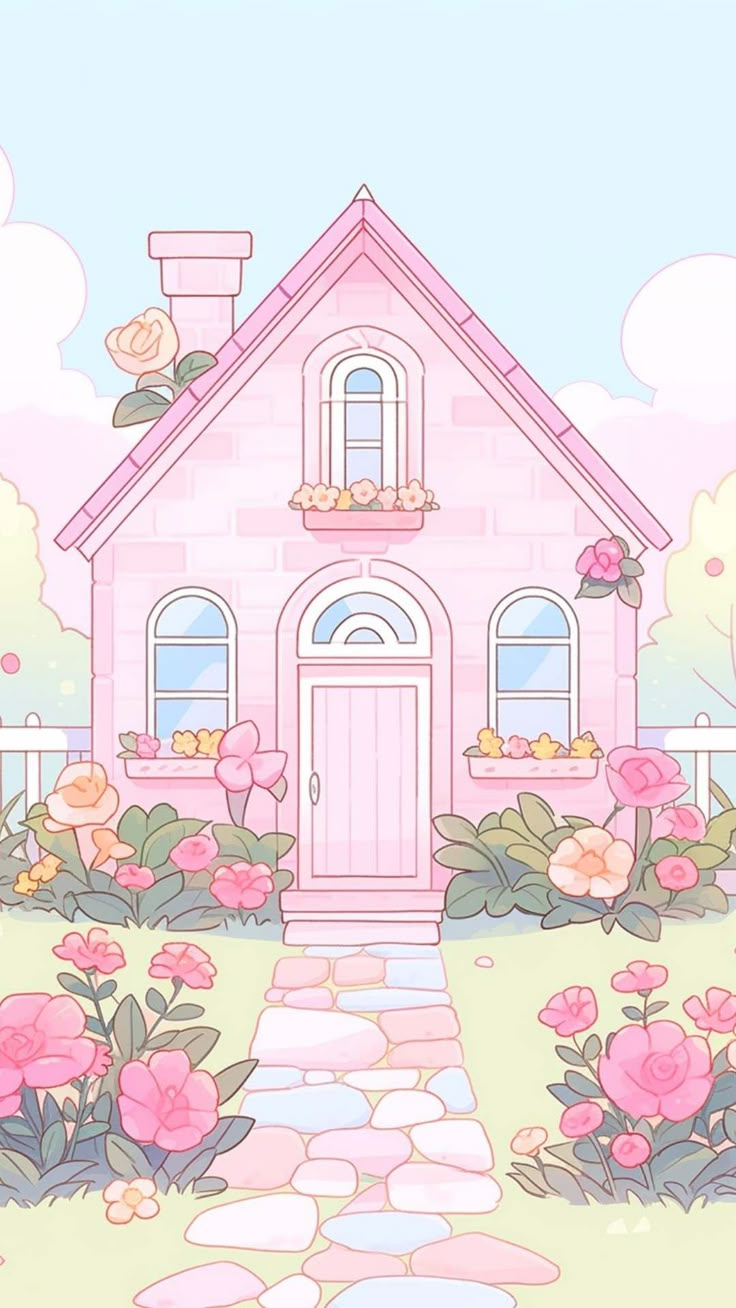 a pink house with flowers in the front yard