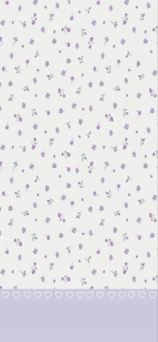 a white and purple wallpaper with small flowers on the left side, and hearts in the middle