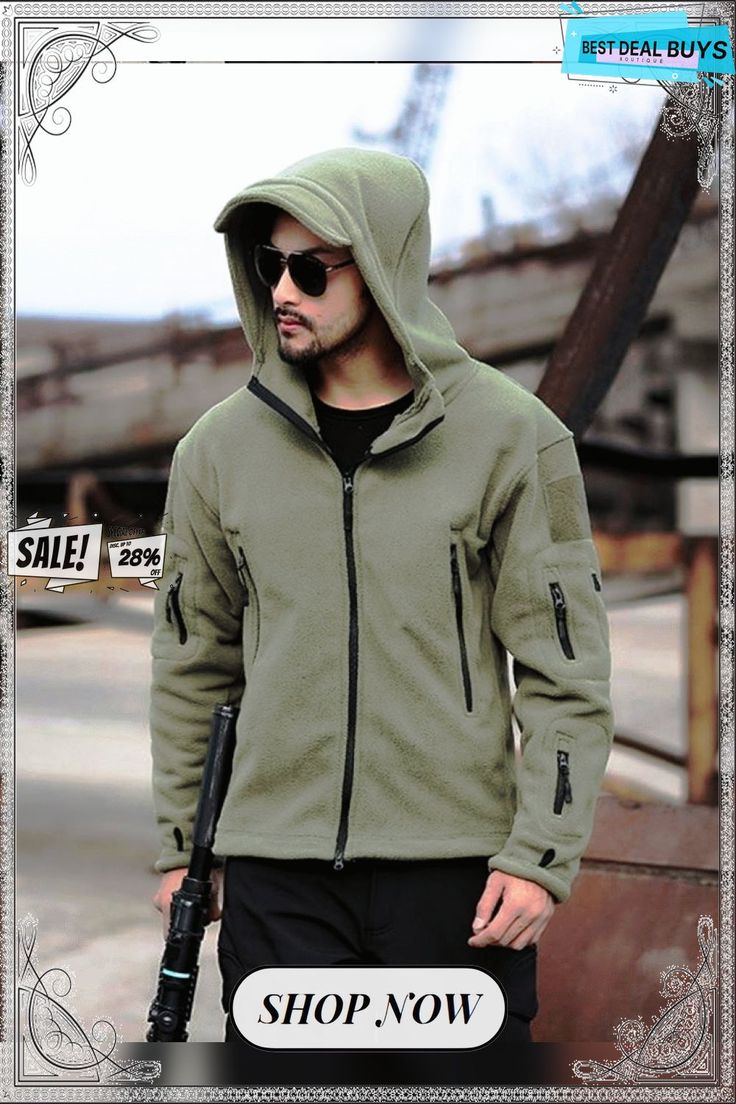 Military Fleece Tactical Jacket Solid Casual Hooded Jacket Army Zipper Coat Outdoor Thermal Ventilation Sports Polar Clothes Windproof Fleece Hoodie Outerwear, Windproof Hoodie Windbreaker For Outdoor Activities, Tactical Solid Outerwear For Outdoor Activities, Windproof Long Sleeve Hooded Jacket For Outdoor, Combat Style Khaki Long Sleeve Windbreaker, Military Style Windproof Windbreaker For Hiking, Military Style Windproof Windbreaker For Outdoor, Khaki Windbreaker With Fleece Lining For Outdoor Activities, Military Windproof Windbreaker For Hiking