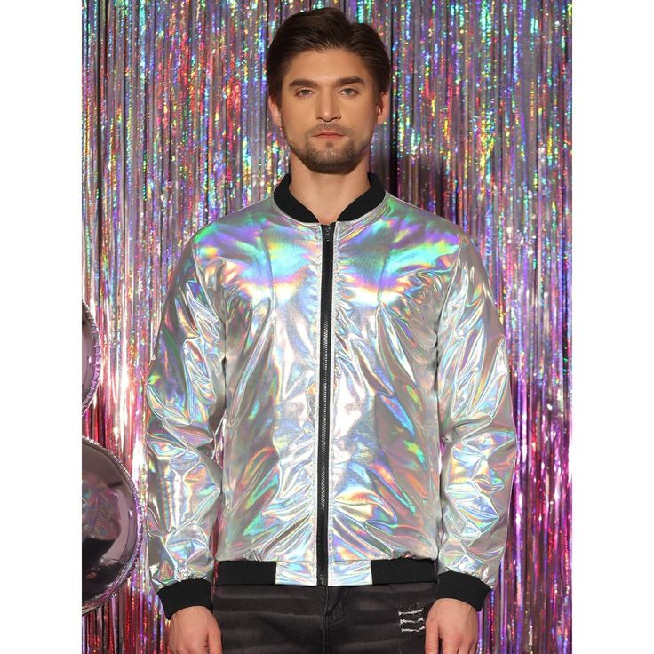 A metallic bomber jacket offers a stylish look that will make you stand out. A holographic metallic jacket is suitable for street, parties, clubs, discos, stage performances, etc. Metallic jackets make a special gift for friends or family for Halloween or Christmas. A holographic metallic bomber jacket becomes a stylish addition to your wardrobe. Metallic Long Sleeve Outerwear For Party Season, Iridescent Outerwear For Fall Party, Metallic Disco Outerwear For Spring, Winter Festival Disco Outerwear, Disco Style Winter Festival Outerwear, Iridescent Fitted Long Sleeve Outerwear, Metallic Outerwear For Party, Casual Metallic Outerwear For Party, Fitted Iridescent Outerwear For Fall