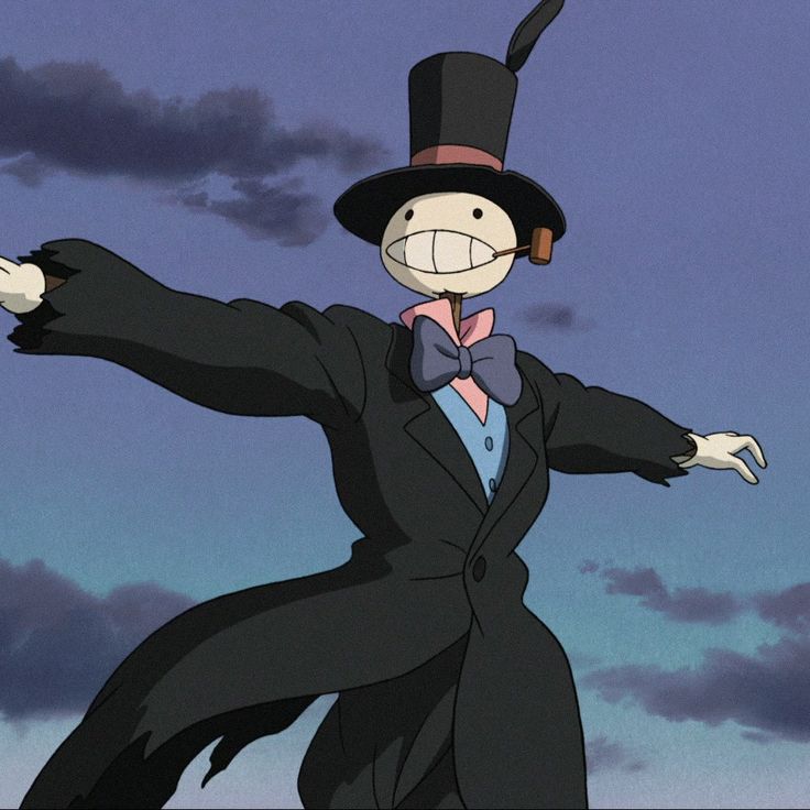 a cartoon character in a top hat and coat with his arms outstretched out, wearing a black suit and pink bow tie