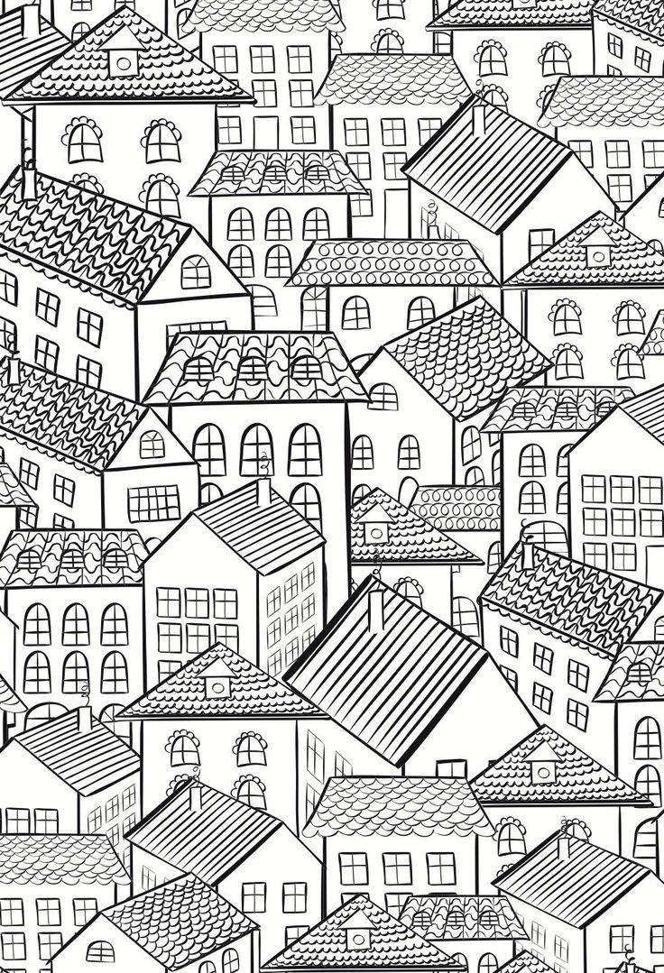 a black and white cityscape with lots of houses in the sky, drawn by hand