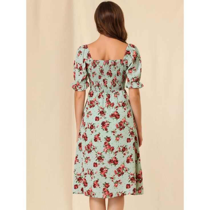 A good choice for your wardrobe, the floral prints will always be on-trend. With a sweet floral pattern, this casual floral dress is styled with sweet smocking details and puff sleeves with ruffled cuffs. The midi length for a stylish design shows your slim legs, and the floral print adds some highlights to your look. This midi-length dress is perfect for casual daily wear, dates, work, office, business, vacation, beach, etc. Casual Floral Dress With Ditsy Print And Square Neck, Casual Floral Dress With Smocked Bodice For Spring, Casual Floral Print Smocked Dress, Casual Floral Dress With Smocked Bodice For Vacation, Casual Floral Dress With Smocked Back For Brunch, Casual Ditsy Floral Print Dress, Casual Floral Short Sleeve Dress With Smocked Back, Casual Smocked Midi Dress With Floral Print, Casual Floral Dress With Puff Sleeves For Summer