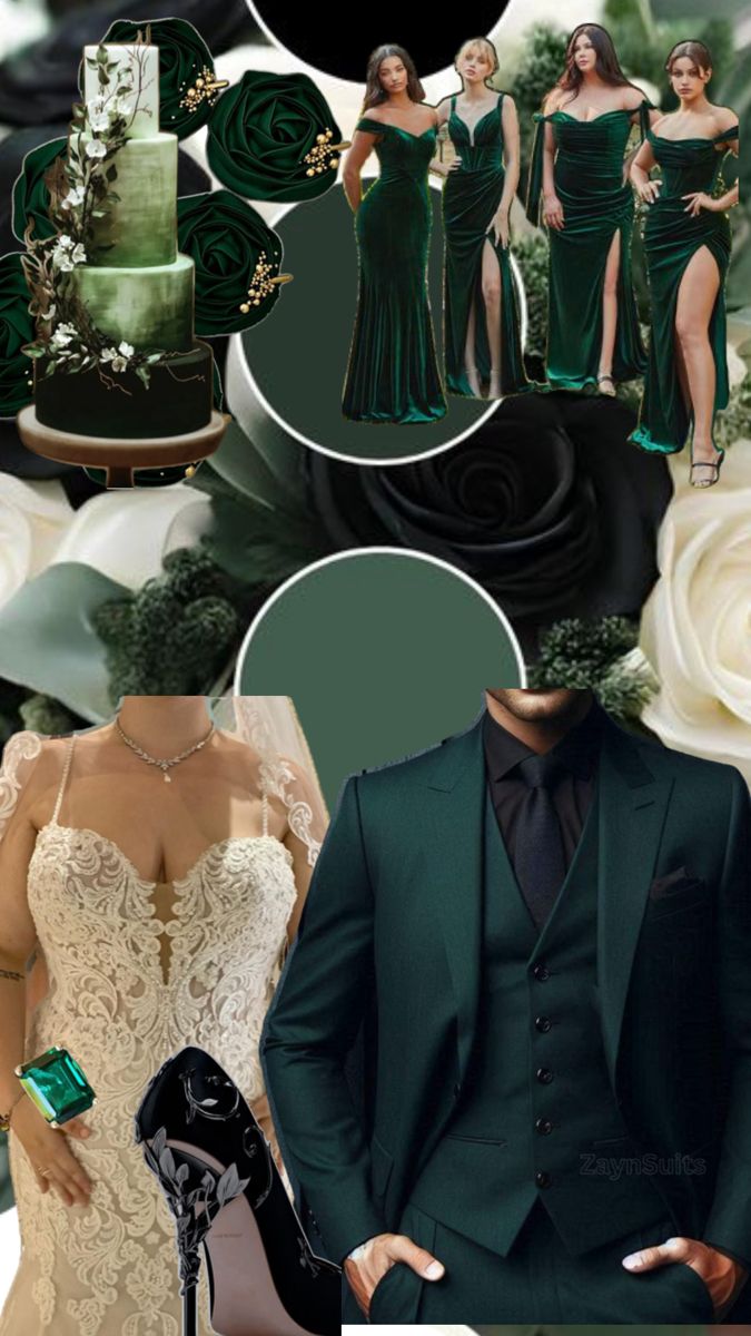 a collage of green and white wedding colors with black shoes, high - heeled heels, and dress