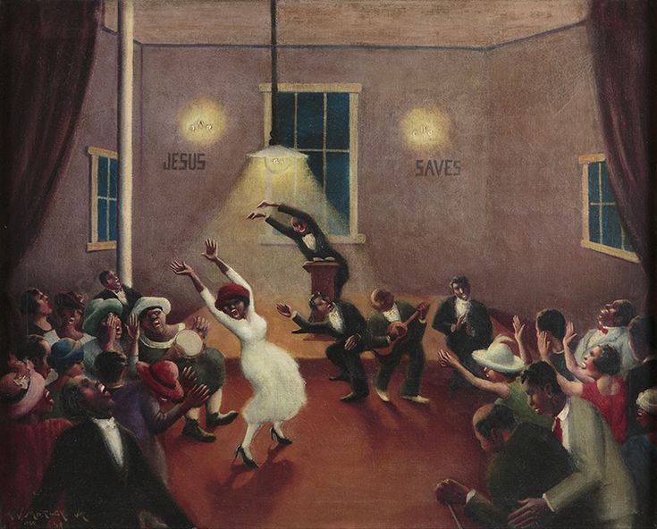 a painting of people dancing in a room