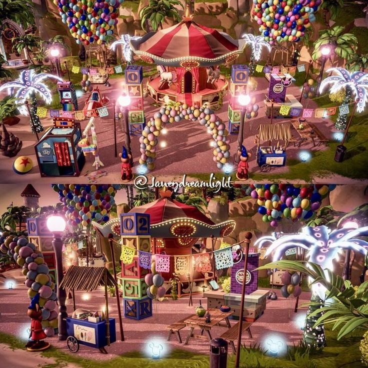 an amusement park filled with lots of colorful balloons and lights on top of the ground