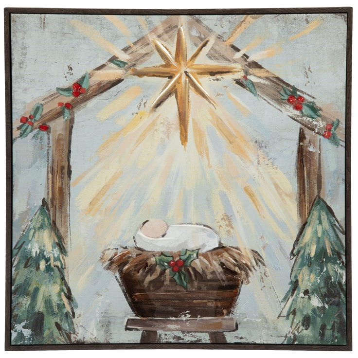 a painting of a nativity scene with a star above the baby jesus in a manger