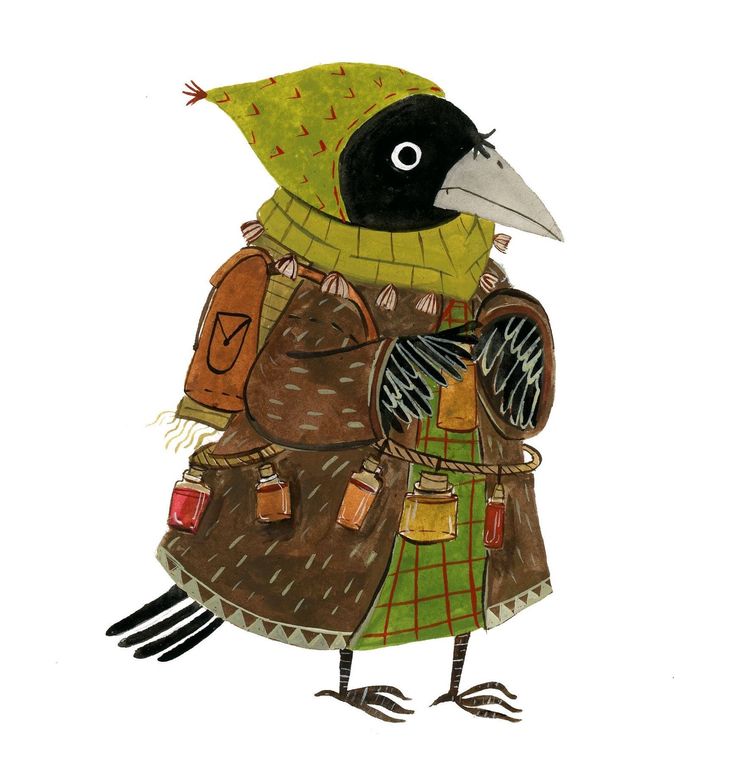 a drawing of a bird wearing a coat and holding a backpack with its beak open