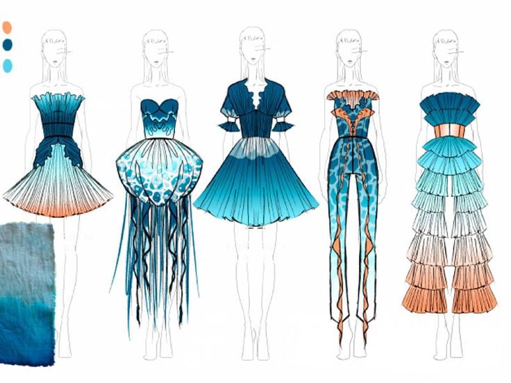 four different dresses are shown on mannequins and one is drawn in blue