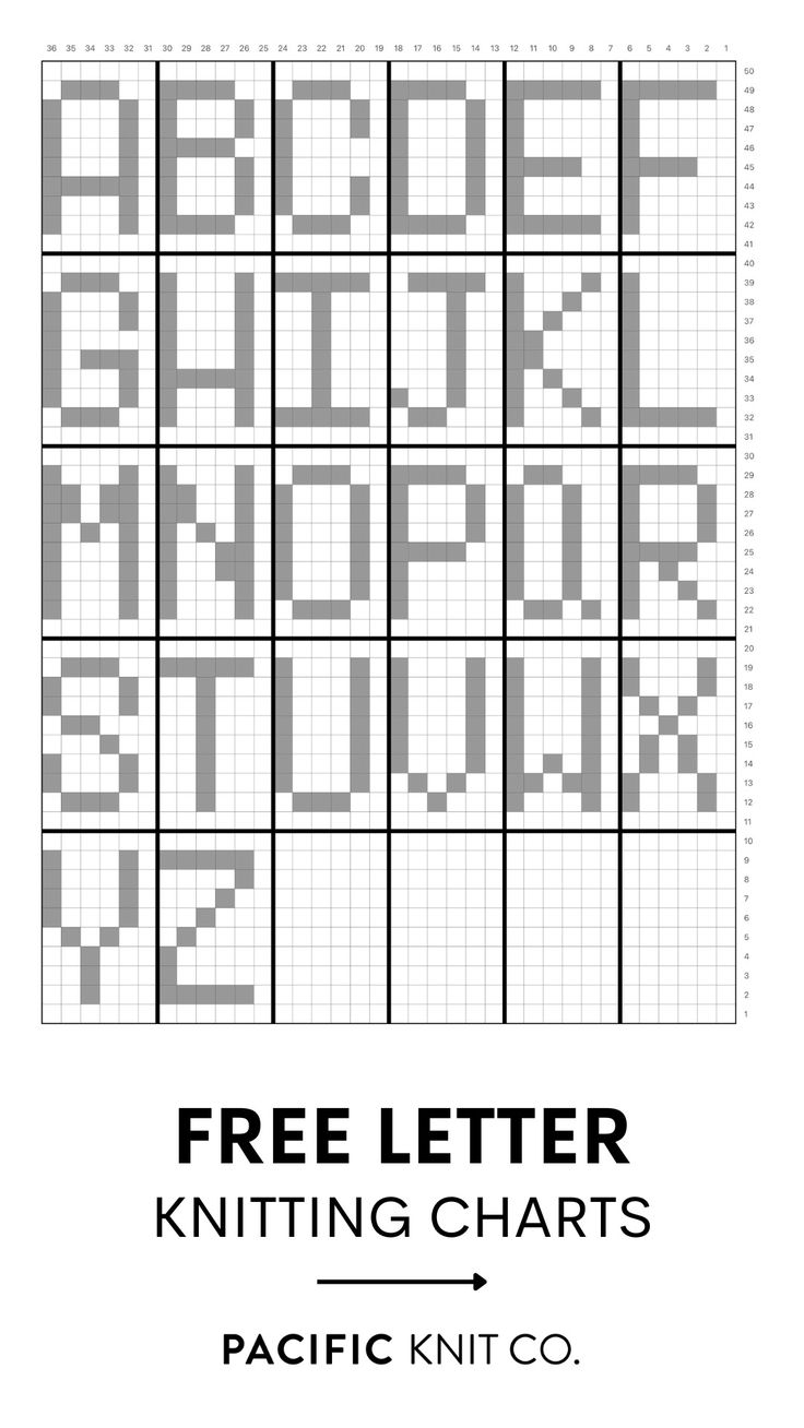 the alphabet knitting chart is shown in black and white, with an arrow pointing to it