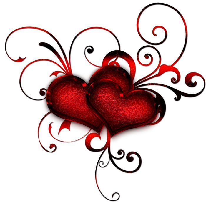 two red hearts with black swirls on white background