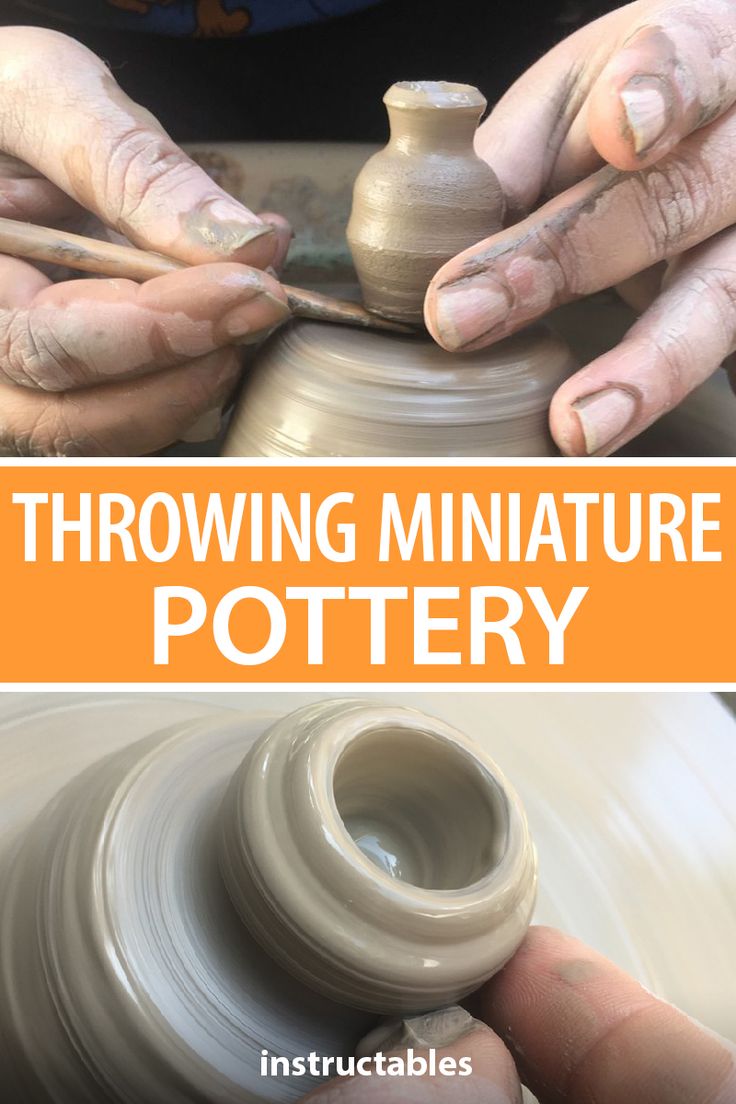 the hands are making pottery on a potter's wheel with text that reads throwing miniature pottery