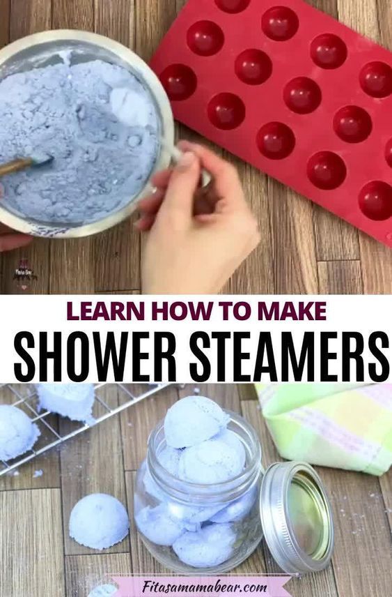 the process to make shower steamers is shown with text overlay that reads learn how to make shower steamers