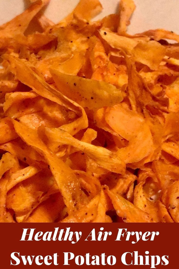 healthy air fryer sweet potato chips on a white plate with text overlay that reads, healthy air fryer sweet potato chips