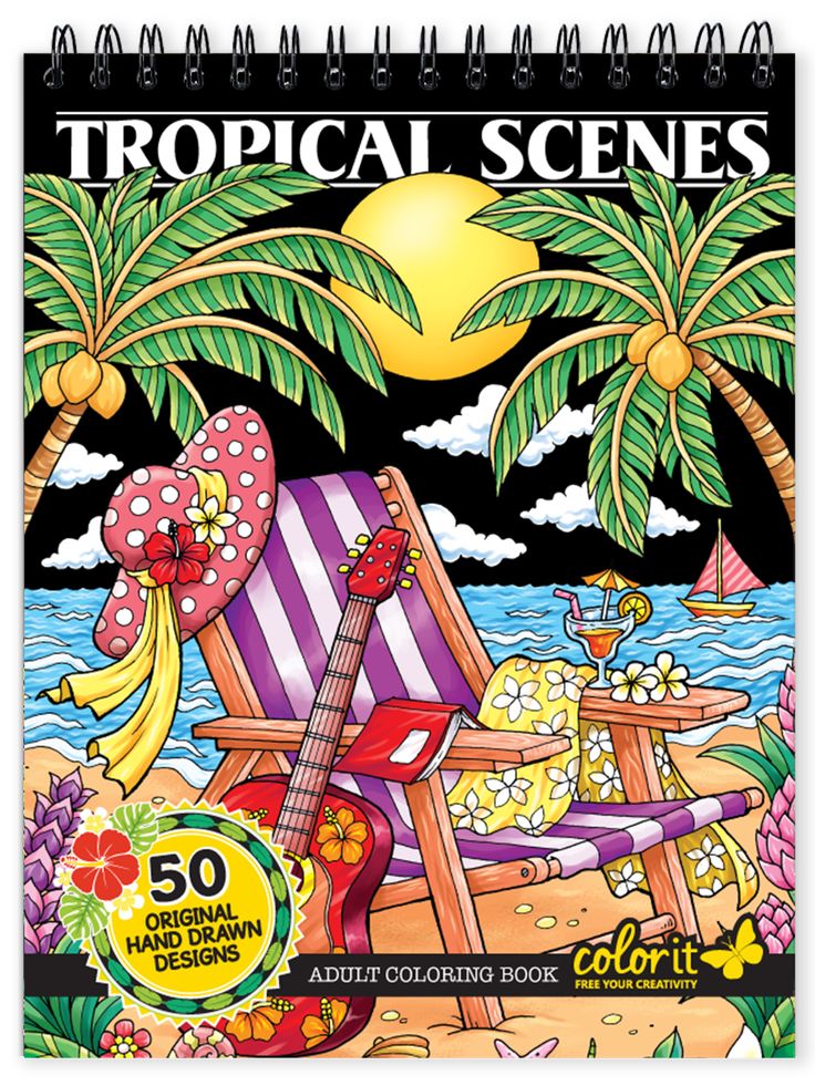 an adult coloring book with tropical scenes on the cover and beach scene in the background