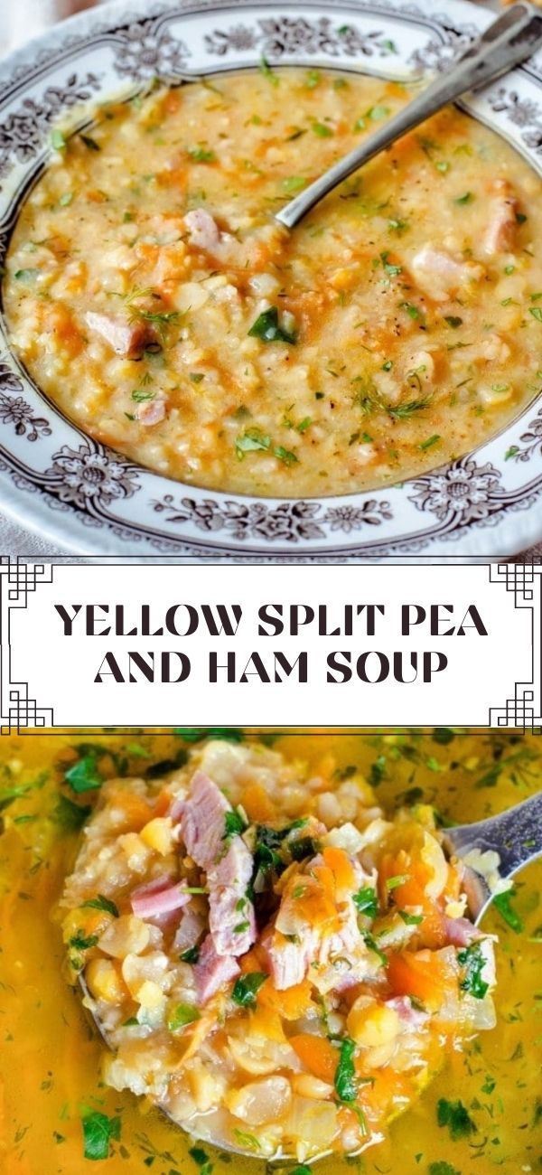 yellow split pea and ham soup in a bowl