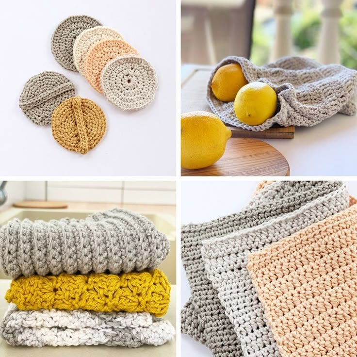 crocheted dishcloths, lemons and napkins on a counter top