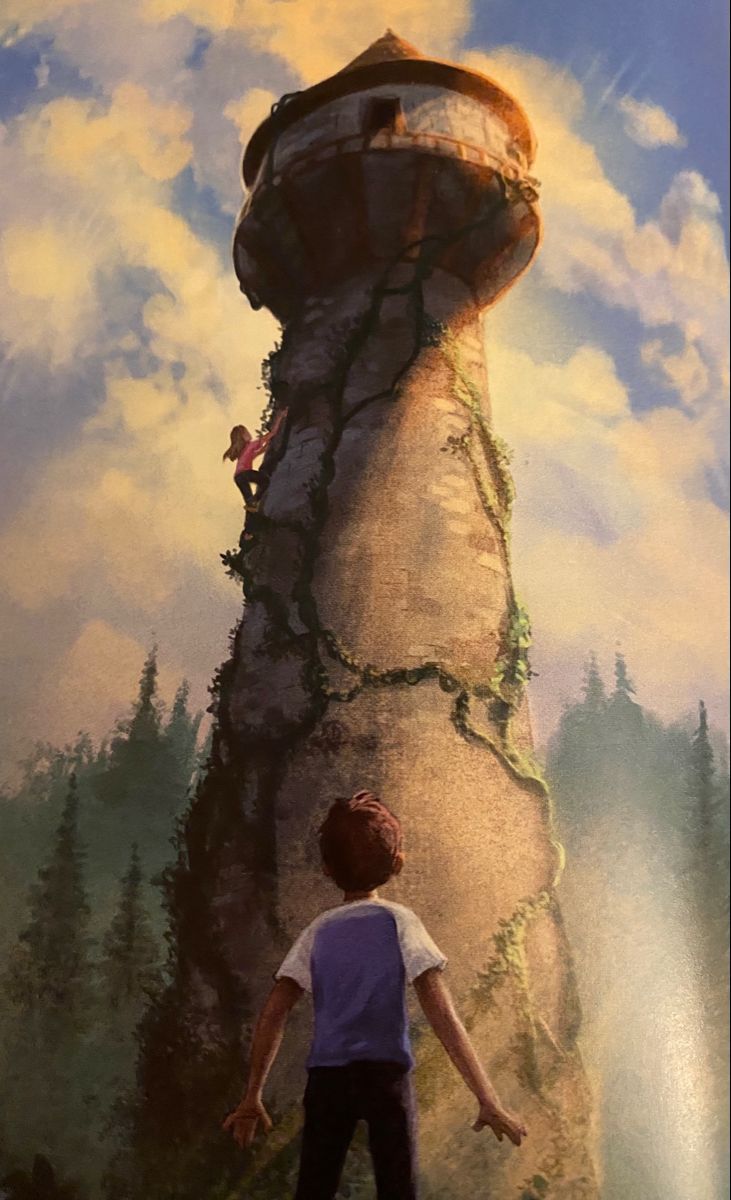 a painting of a boy standing in front of a tall tower