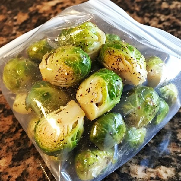 brussel sprouts wrapped in plastic sitting on a counter top with seasoning