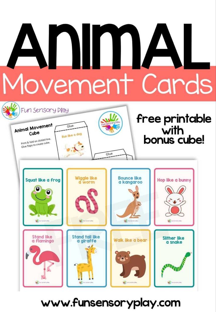 Free animal movement cards Nocturnal Animals Preschool Gross Motor, Spring Movement Cards Free, Alphabet Movement Cards Free, Pre K Movement Activities, Animal Movement Cards Free Printable, Animal Movement Activities, Movement Cards For Kids Free Printable, Farm Animal Movement Cards, Move Like An Animal