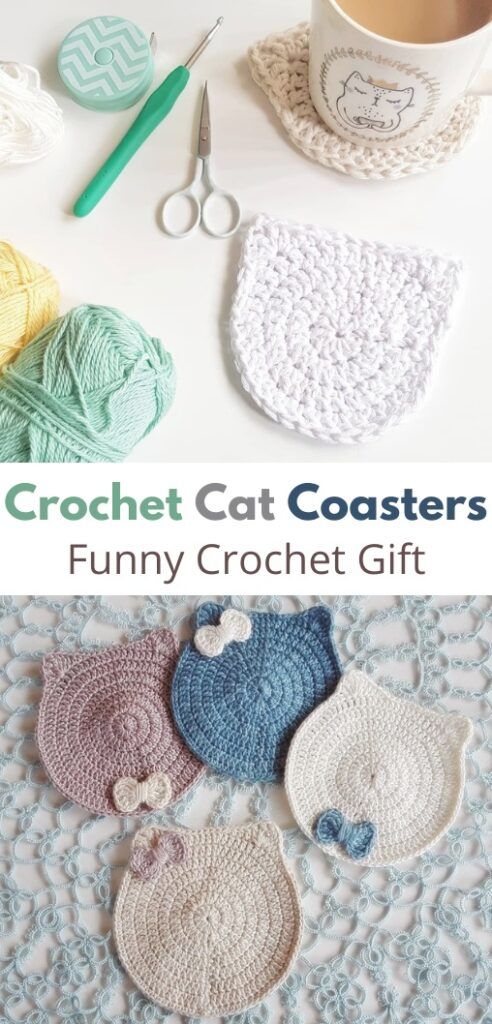 crochet cat coasters and mug cozyies are featured in this article for free crochet patterns