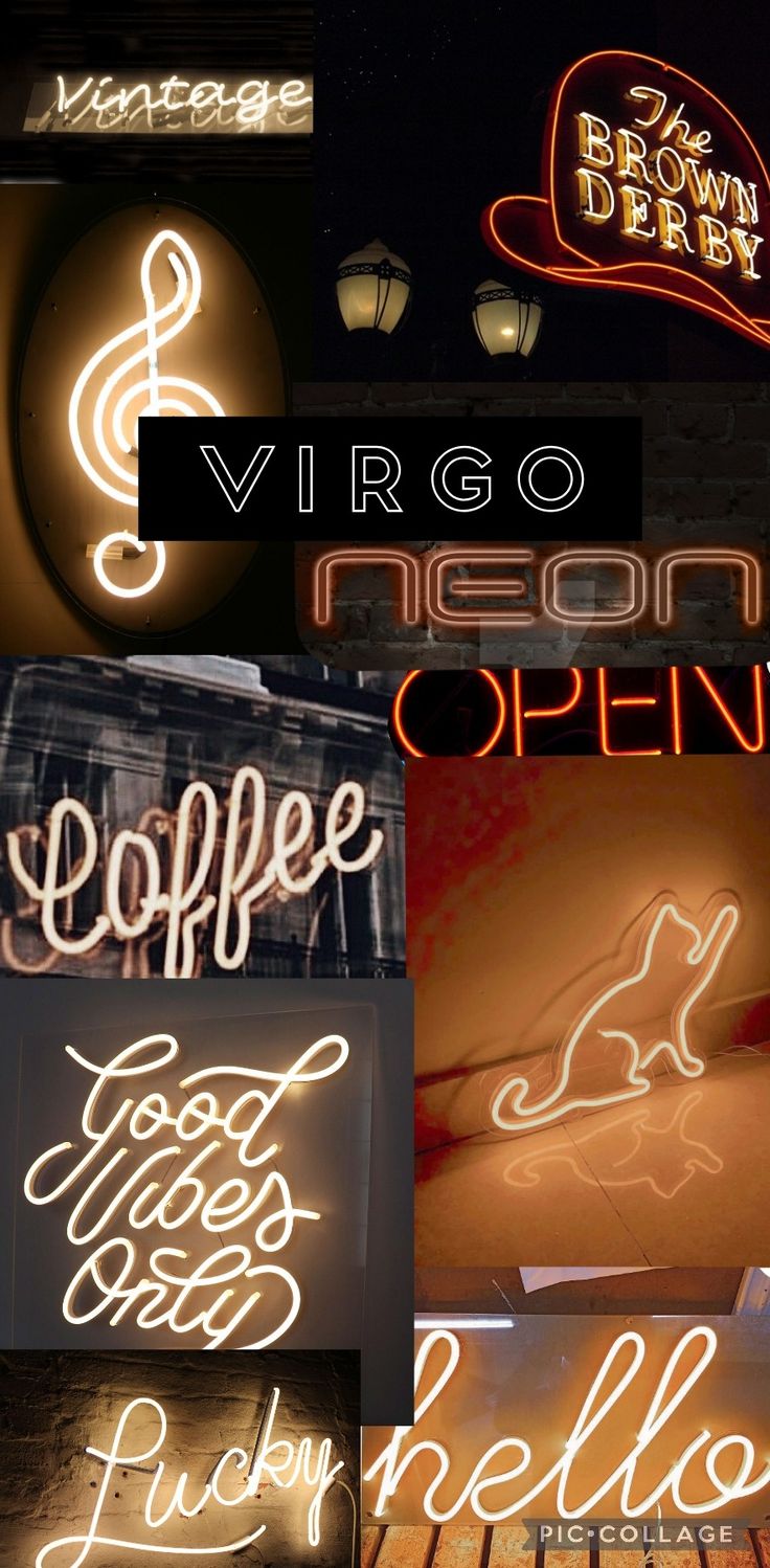 various neon signs are shown in different colors and sizes, with the words virgo neon open above them