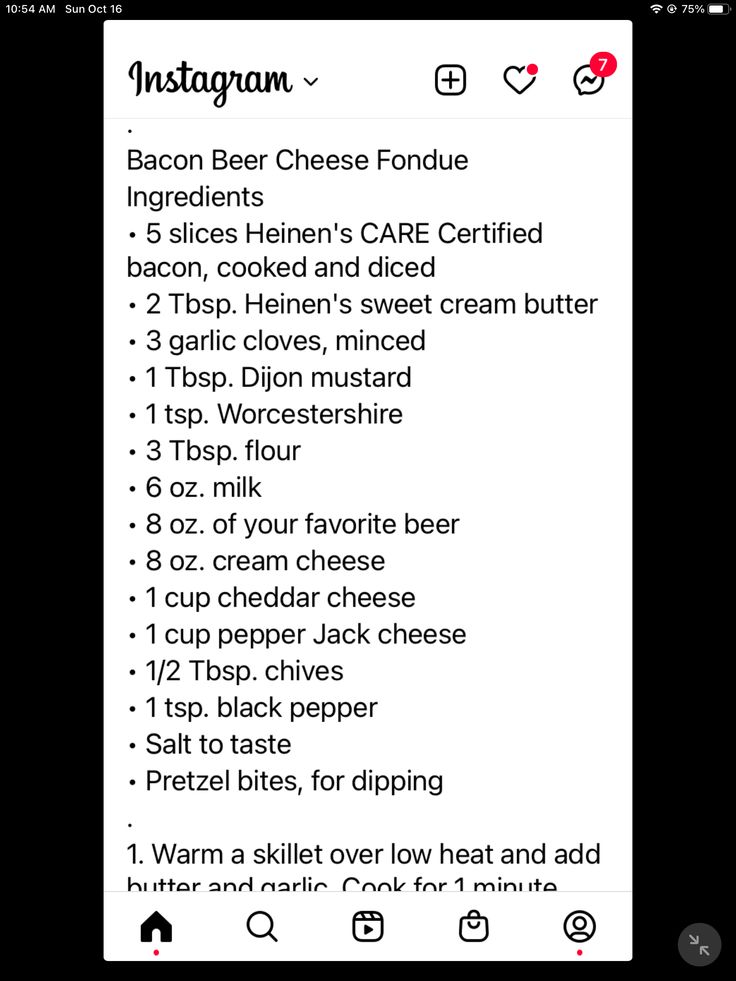 the instagram app shows instructions for how to make bacon cheese fondue with ingredients