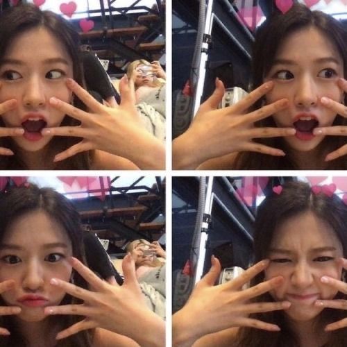 four pictures of a woman making faces with her hands