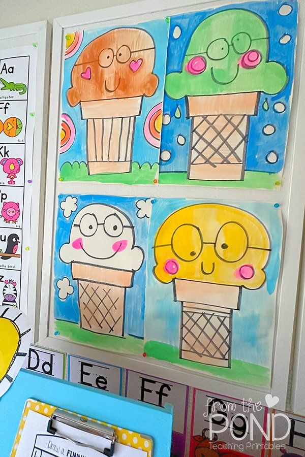 some ice cream posters are hanging on the wall next to other art work and pictures