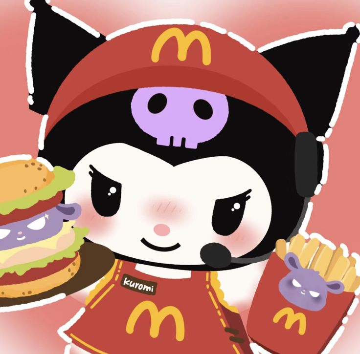 a cartoon character with a hamburger and french fries in her hand, holding a mcdonald's drink