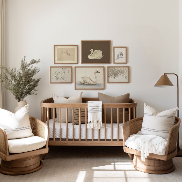 a baby's room with a crib, rocking chair and pictures on the wall