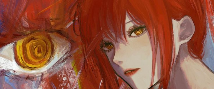 an artistic painting of a woman with red hair and yellow eyes, holding her hand to her face