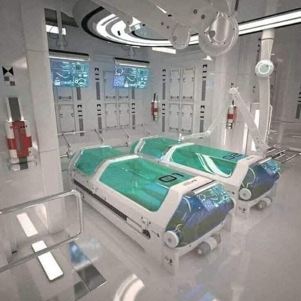 a futuristic hospital room with beds and medical equipment