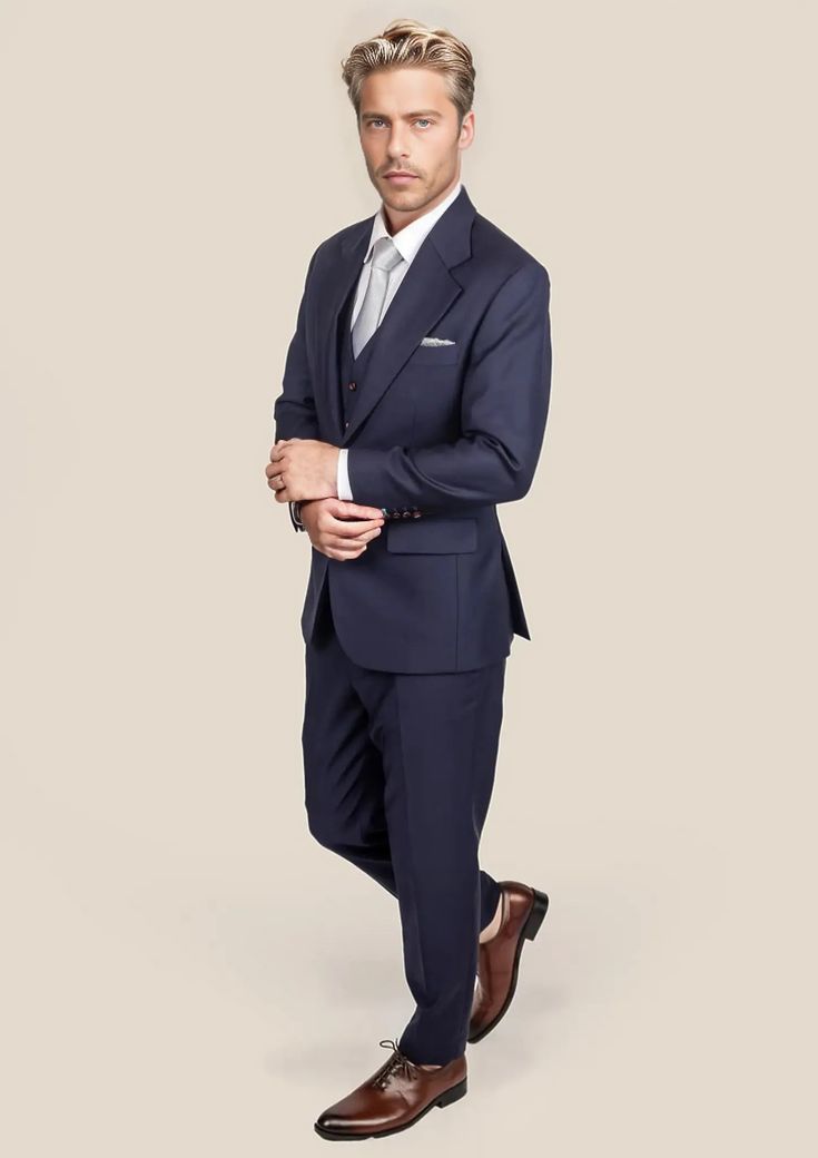 Indulge in luxury with the Stratos Blue Sharkskin Suit, crafted with custom-made precision from Super 110s wool mohair blend by Vitale Barberis Canonico, Italy. A classic staple of any fashionable wardrobe, this sharp suit exudes elegance. Elevate your style with this premium piece that will make you stand out in any setting. Elegant Custom Fit Three-piece Suit With Welt Pockets, Blue Three-piece Suit For Formal Occasions, Blue Professional Three-piece Suit For Formal Occasions, Elegant Business Suits With Structured Boning, Luxury Fitted Three-piece Suit For Business Casual, Elegant Custom Fit Suits With Hidden Button Closure, Elegant Custom Fit Three-piece Suit With Notch Lapel, Elegant Custom Fit Double Breasted Suit For Business Casual, Elegant Navy Suits For Work