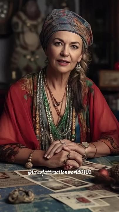 a woman sitting at a table with many jewelry on her neck and hands folded in front of her