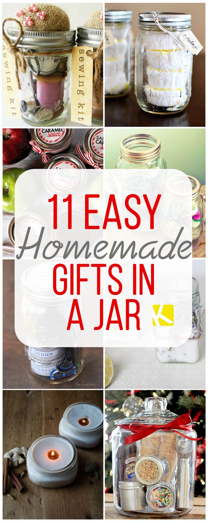 homemade gifts in jars with text overlay that reads 11 easy homemade gifts in a jar