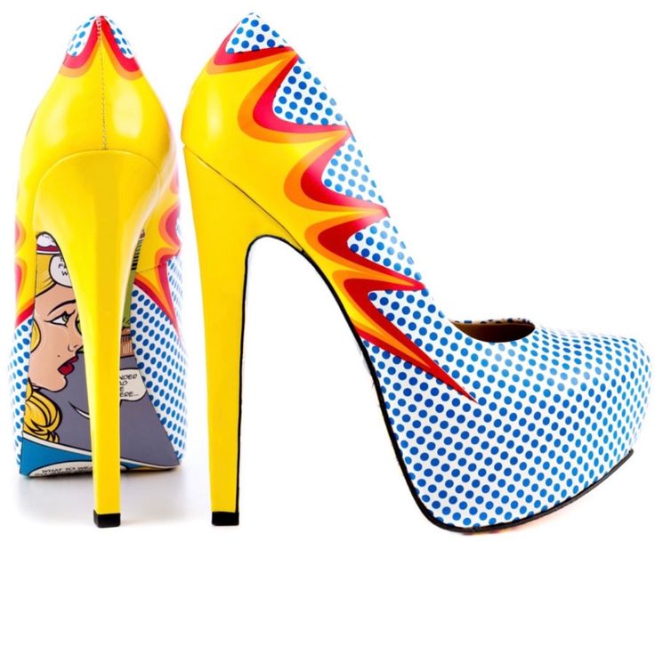 The Taylor Says Talia Delivers Playful Fun In Every Step With Its Innovated Pop Art Design. An Artistic Explosion Cascades Across The Upper, 1 1/2 Inch Platform And 6 Inch Heel For A Bright Spunky Touch. Featured On The Sole Is A Creative Spin On Girl Drama Played Out In Comic Strip Form. The Talia Is More Than Just A Pump. This Conversation Starter Guarantees A Rush Of Compliments. Comic Book Shoes, Pop Art Fashion, Printed Shoes, Roy Lichtenstein, Platform High Heel Shoes, Hot Heels, Killer Heels, Colorful Shoes, Crazy Shoes