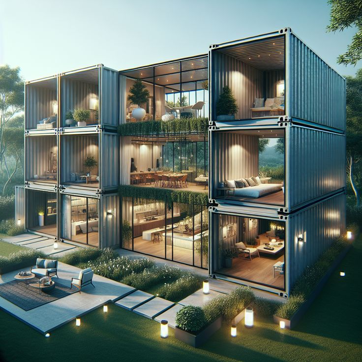 an artist's rendering of a house made out of shipping containers and lit candles