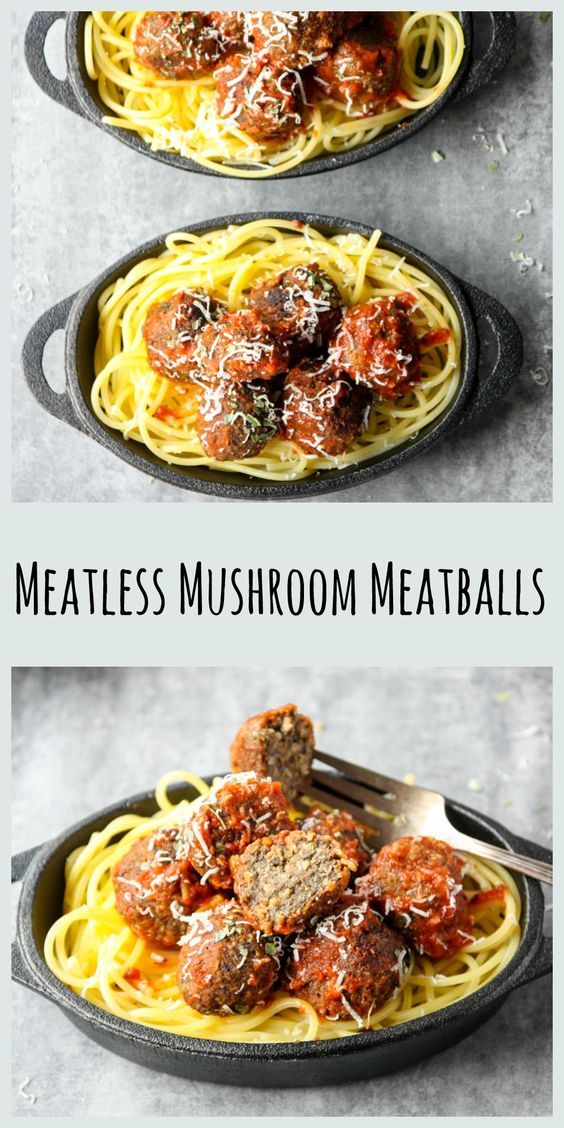 meatballs and spaghetti in a skillet with the words meatless mushroom meatballs