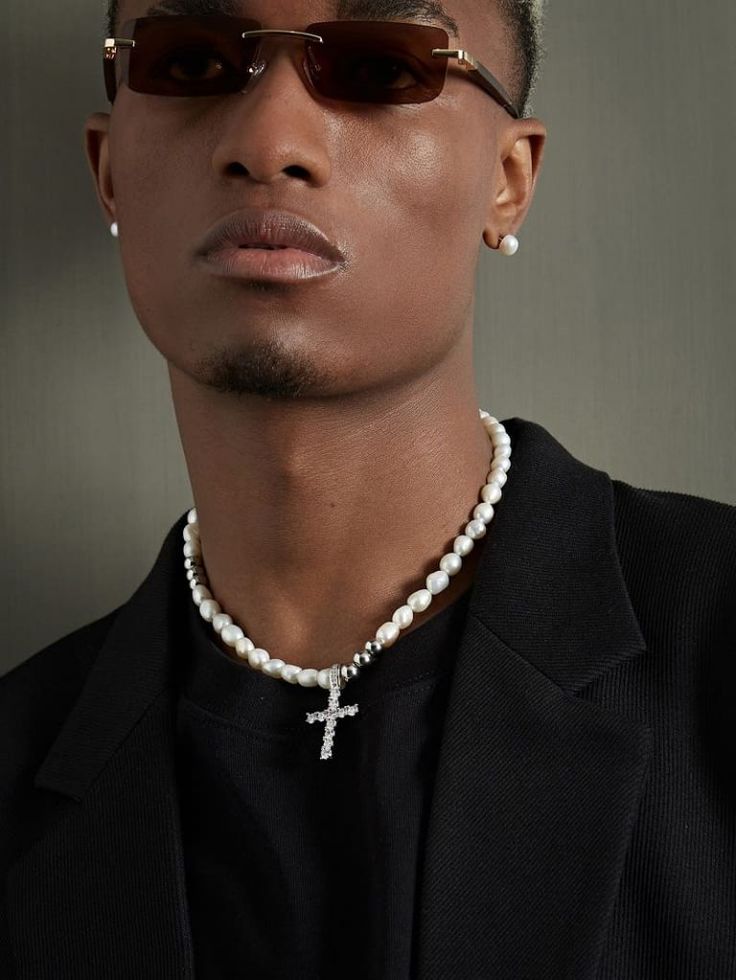 Mens Pearls Necklace Fancy Men's Pearl Cross Necklace (6) Men In Pearl Necklace, Men Choker Necklace, Men Pearl Necklace Outfit, Men’s Pearl Chain, Men With Pearls, Mens Pearl Jewelry, Pearl Drop Cross Pendant Necklace, Cross Necklace With Pearl Charm, Cross Pendant Necklace With Pearl Charm