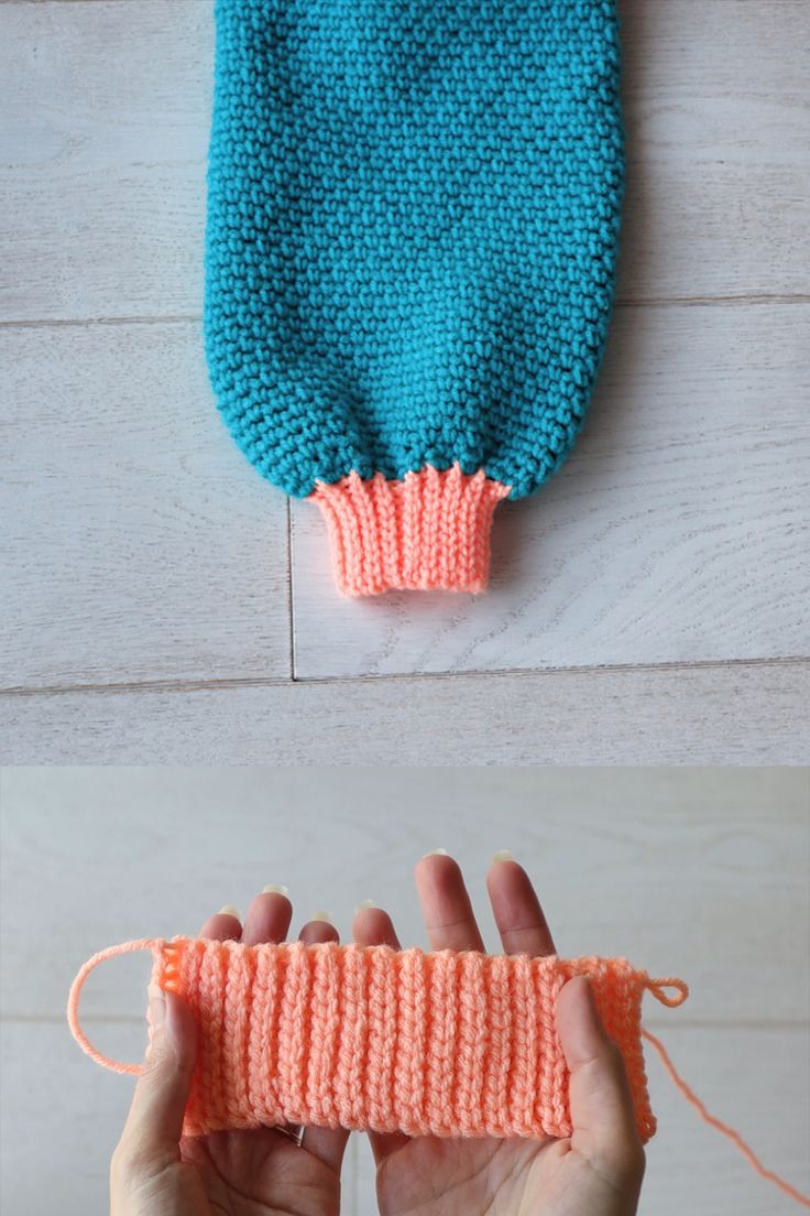 two photos showing how to crochet the top and bottom part of a knitted hat