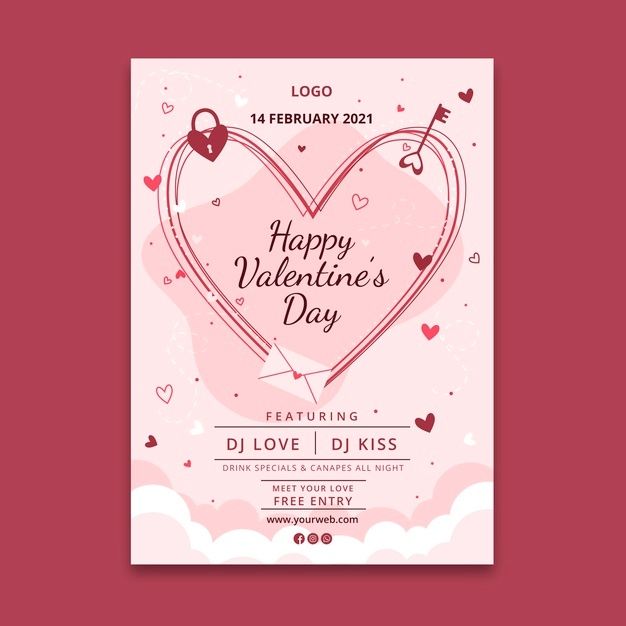 a valentine's day flyer with a heart and key on the front, surrounded by hearts