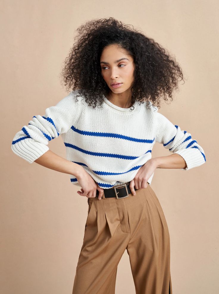 Mini Marina Sweater Stripe – La Ligne Cotton Cable Knit Cropped Sweater For Fall, Cable Knit Cotton Cropped Sweater For Fall, Fall Cropped Sweater In Chunky Knit Cotton, Cotton Cable Knit Cropped Sweater With Crew Neck, Casual Cotton Cropped Chunky Knit Sweater, Casual Cotton Cropped Sweater With Chunky Knit, White Cotton Cropped Sweater With Ribbed Cuffs, Chunky Knit Cotton Cropped Sweater, Casual Chunky Knit Cropped Sweater