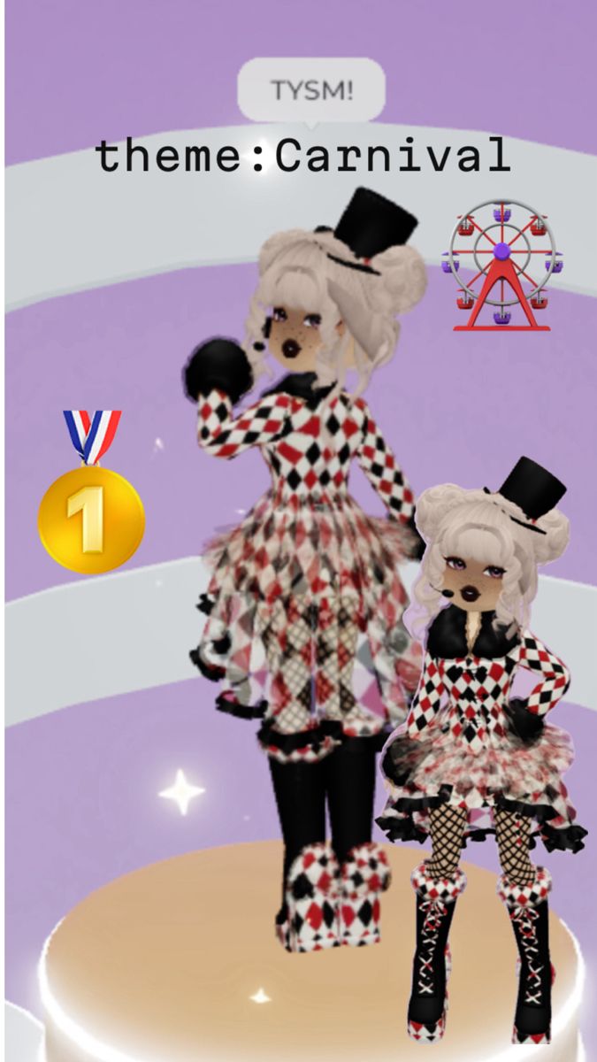 two dolls standing on top of a cake with the words theme carnival written below it