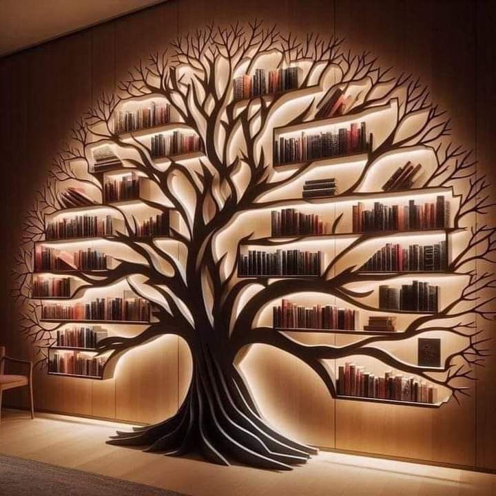 a tree with bookshelves in the shape of a bookcase is lit up by lights