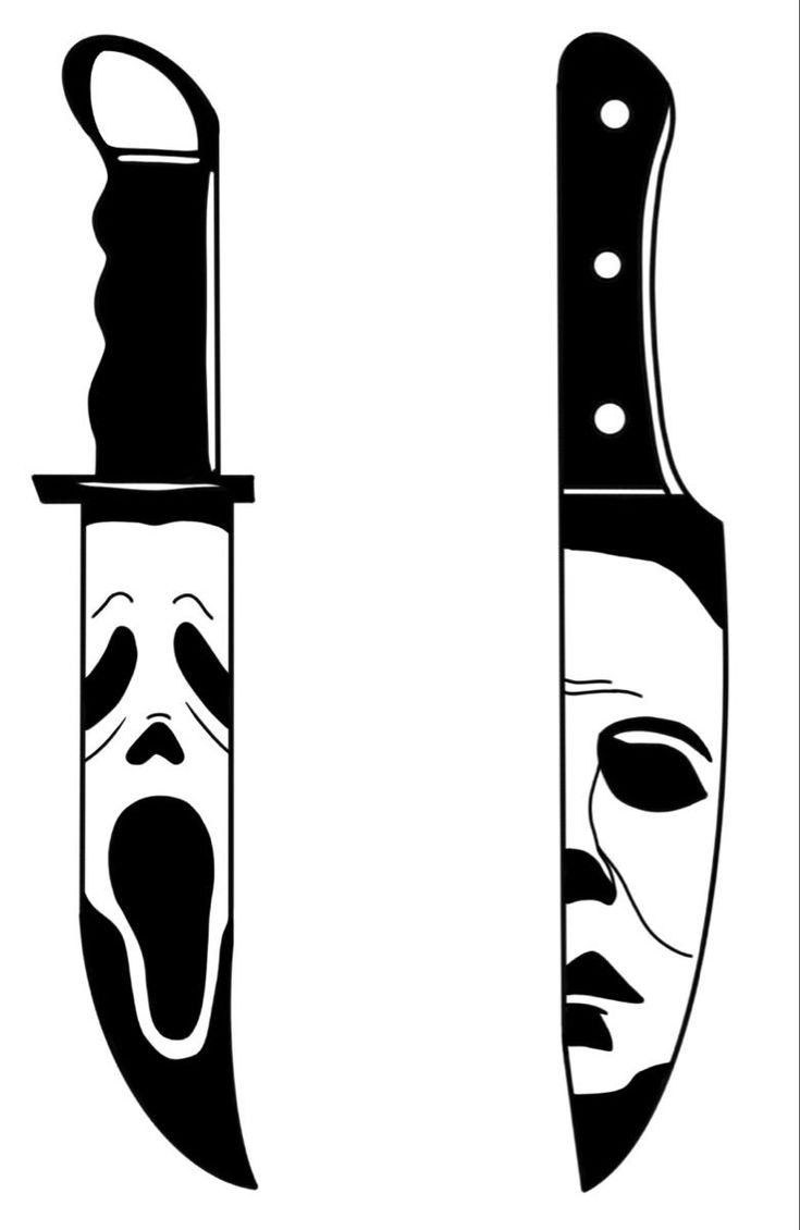 two knives with faces on them, one has a knife stuck in the other's mouth