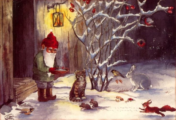 a painting of an old man in the snow with cats and rabbits outside his house