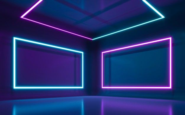 an empty room with neon lights on the walls