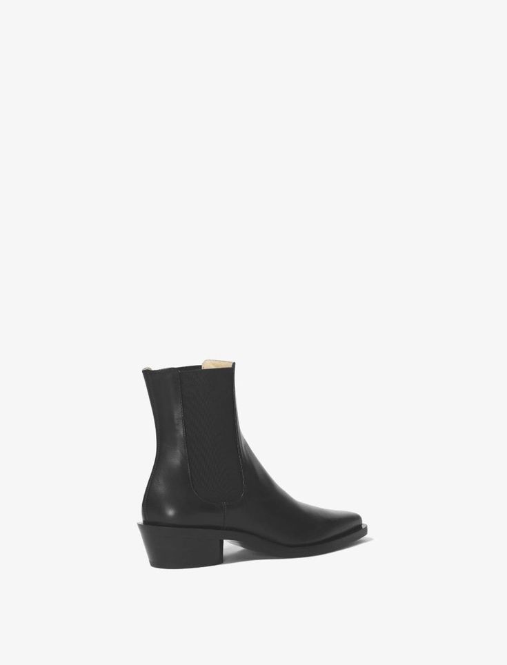 Bronco leather Chelsea Boots from PROENZA SCHOULER featuring black, leather, elasticated side panels, pointed toe, low block heel, ankle-length and slip-on style. Proenza Schouler Shoes, Black Block Heels, Black Chelsea Boots, Leather Chelsea Boots, Low Block Heels, Side Panels, Proenza Schouler, Panel Siding, Smooth Leather